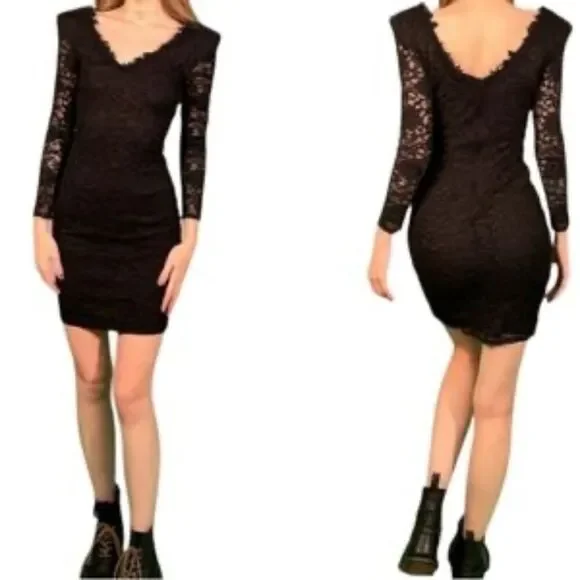 Susan Roselli For Vijack Black Lace Bodycon Long Sleeve Dress Sz 10 - Picture 1 of 8